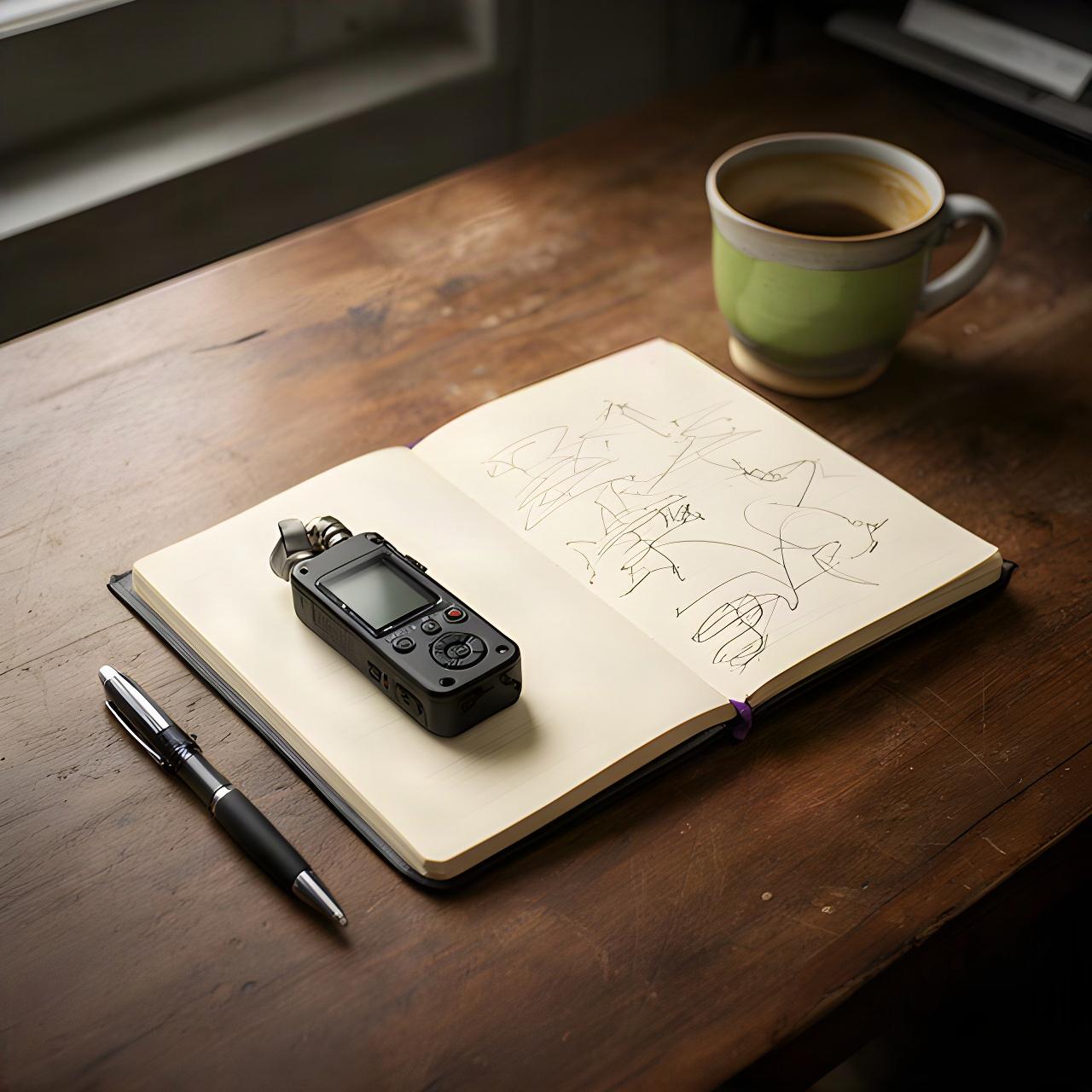 Cuaderno de periodista abierto junto a una grabadora y una taza sobre un escritorio de madera