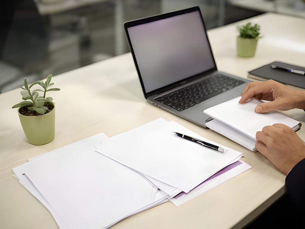 Periodista revisando notas y documentos en un escritorio ordenado de una redacción uruguaya