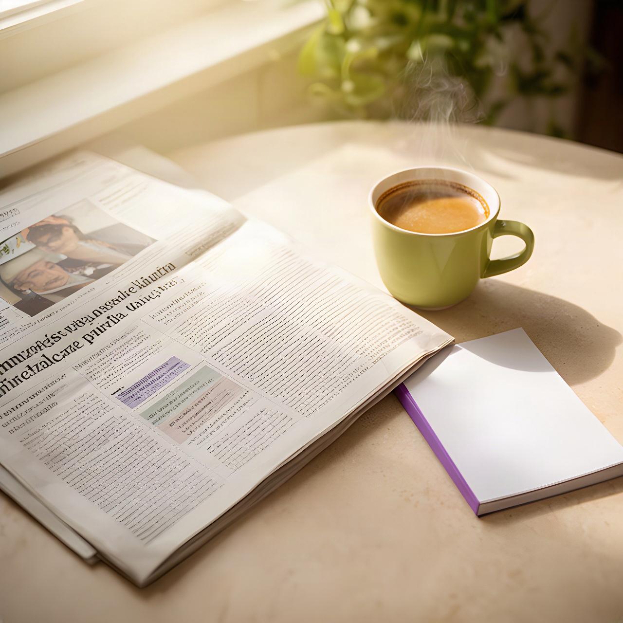 Periódico impreso abierto junto a una taza de café y una libreta en una mesa luminosa