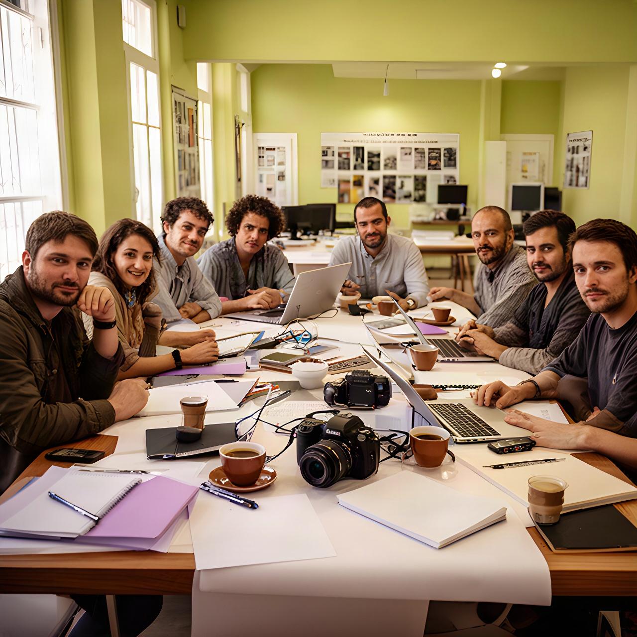 Equipo periodístico reunido en una redacción luminosa de Juan Lacaze, con libretas y computadoras sobre la mesa