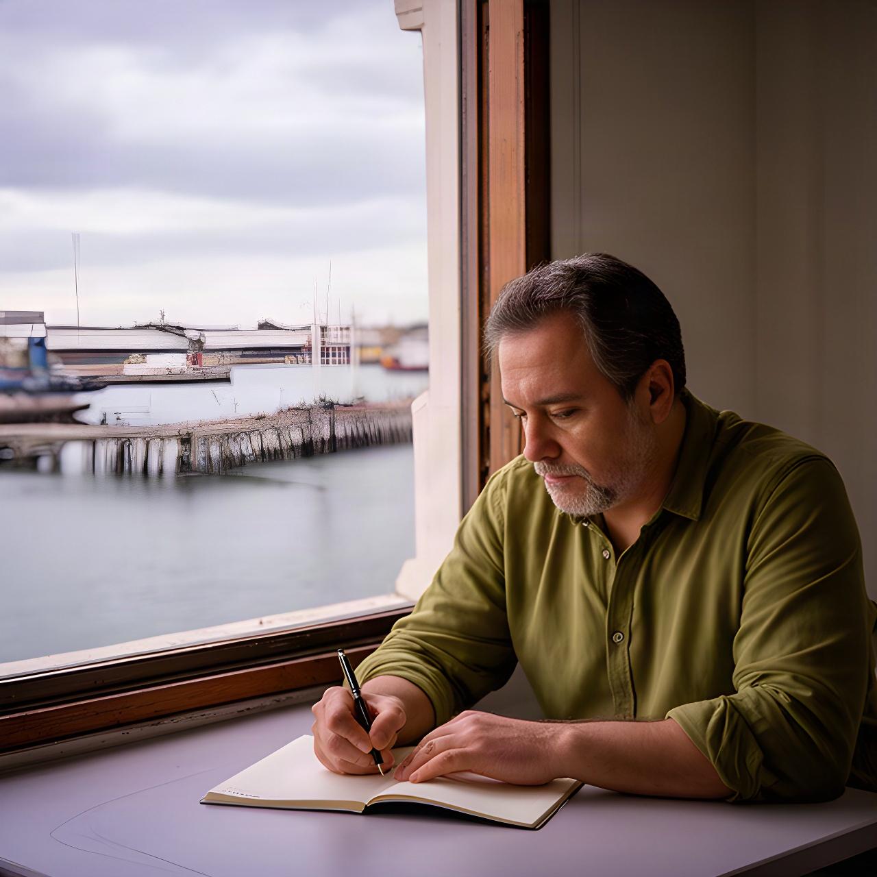 Columnista tomando notas junto a una ventana del puerto de Juan Lacaze