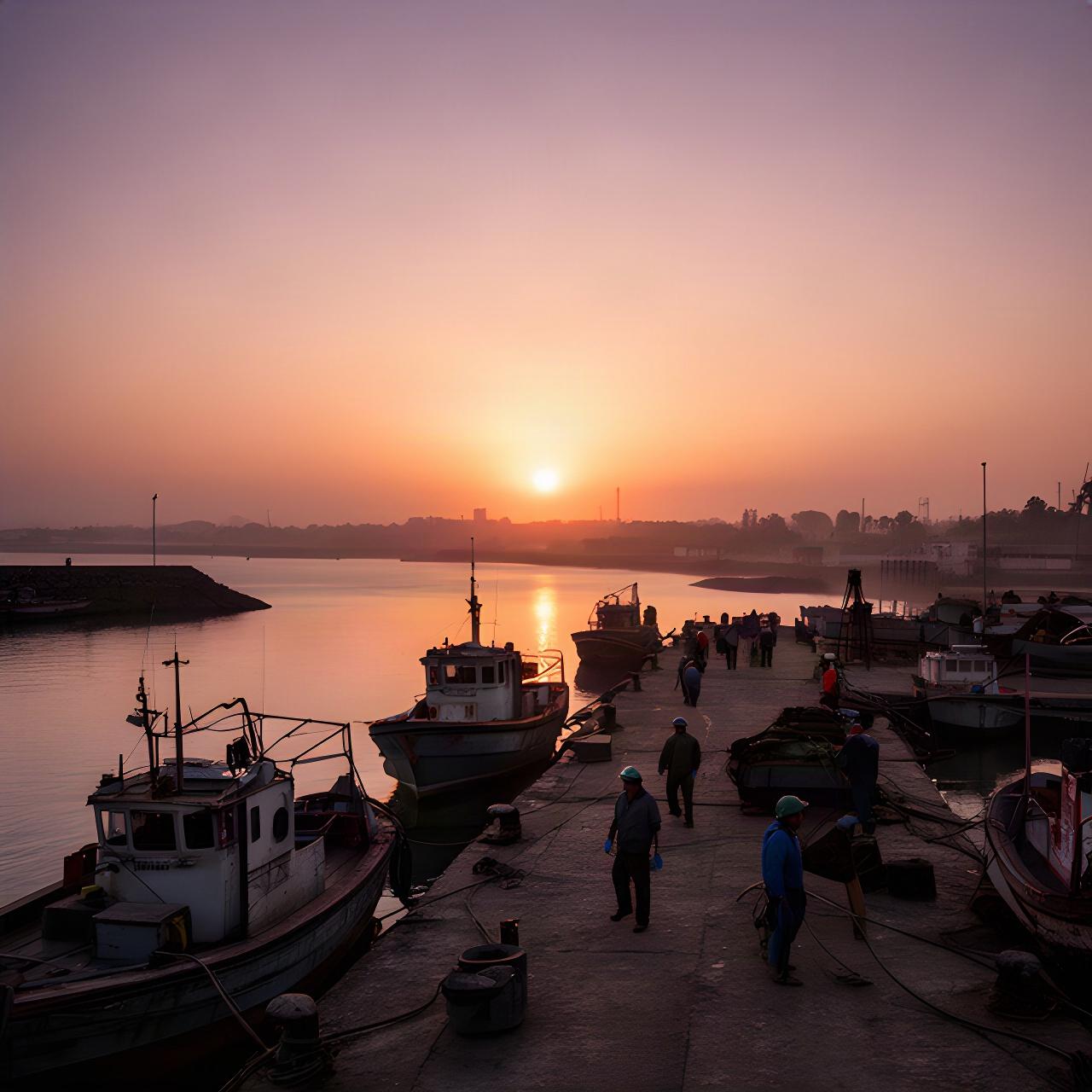 Vista del puerto de Juan Lacaze al atardecer con embarcaciones y trabajadores en el muelle