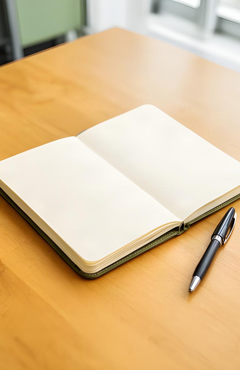 Cuaderno abierto con anotaciones periodísticas junto a una lapicera en una mesa luminosa