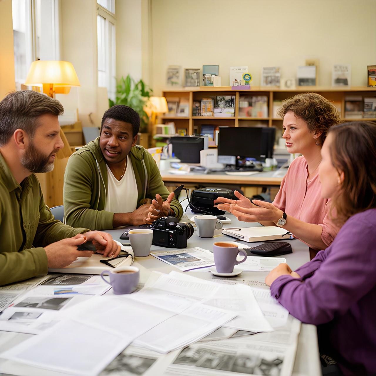 Equipo editorial conversando alrededor de una mesa de trabajo con periódicos en una redacción de Colonia