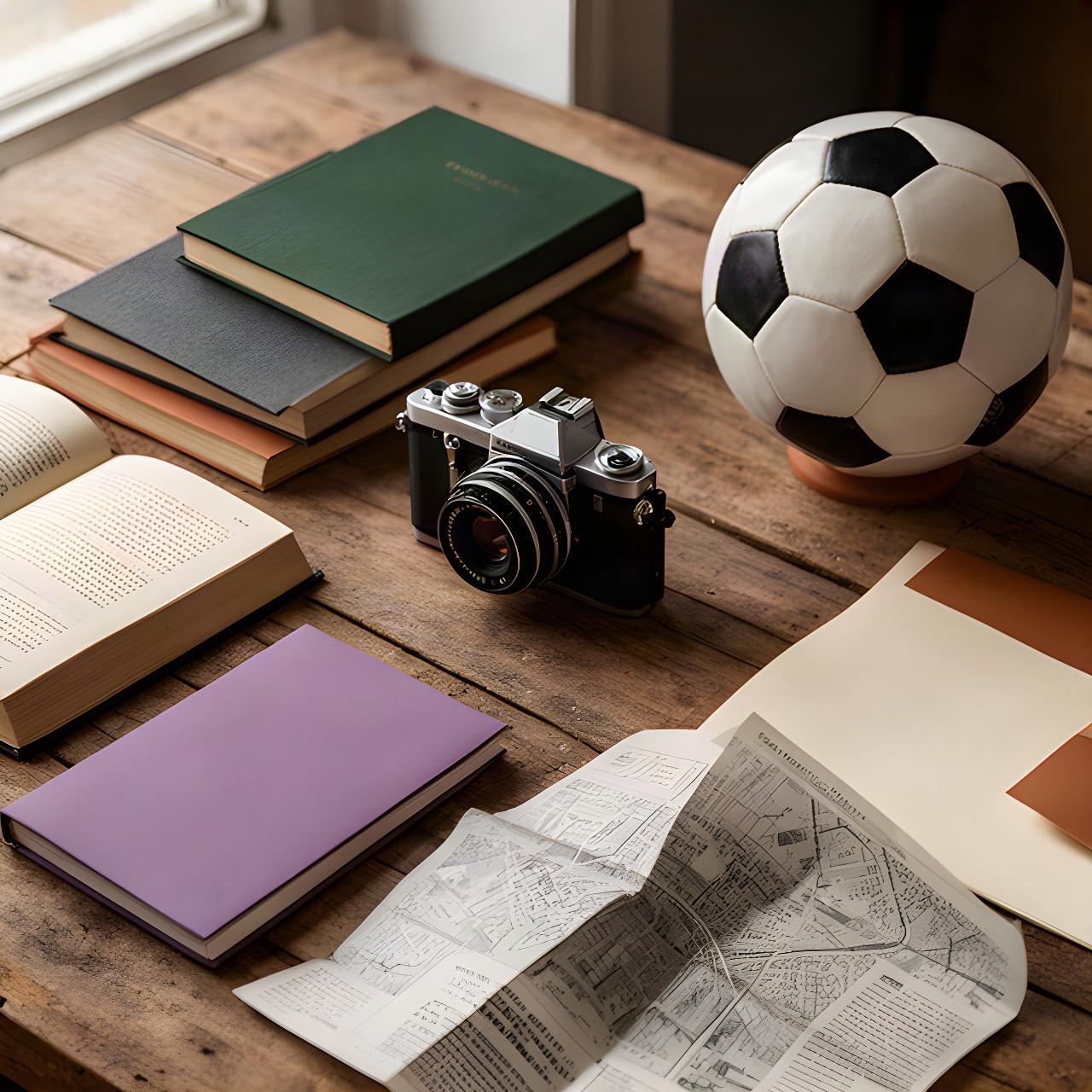 Libros, cámara fotográfica y pelota de fútbol sobre una mesa de redacción en Colonia