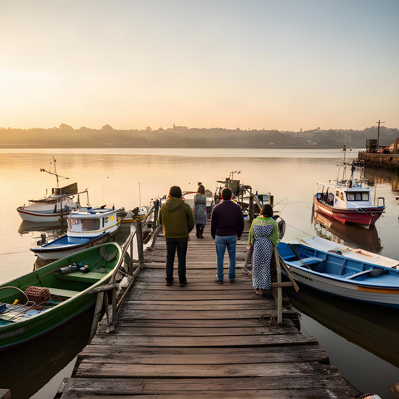 Muelle del puerto de Juan Lacaze al amanecer, con embarcaciones y vecinos frente al río