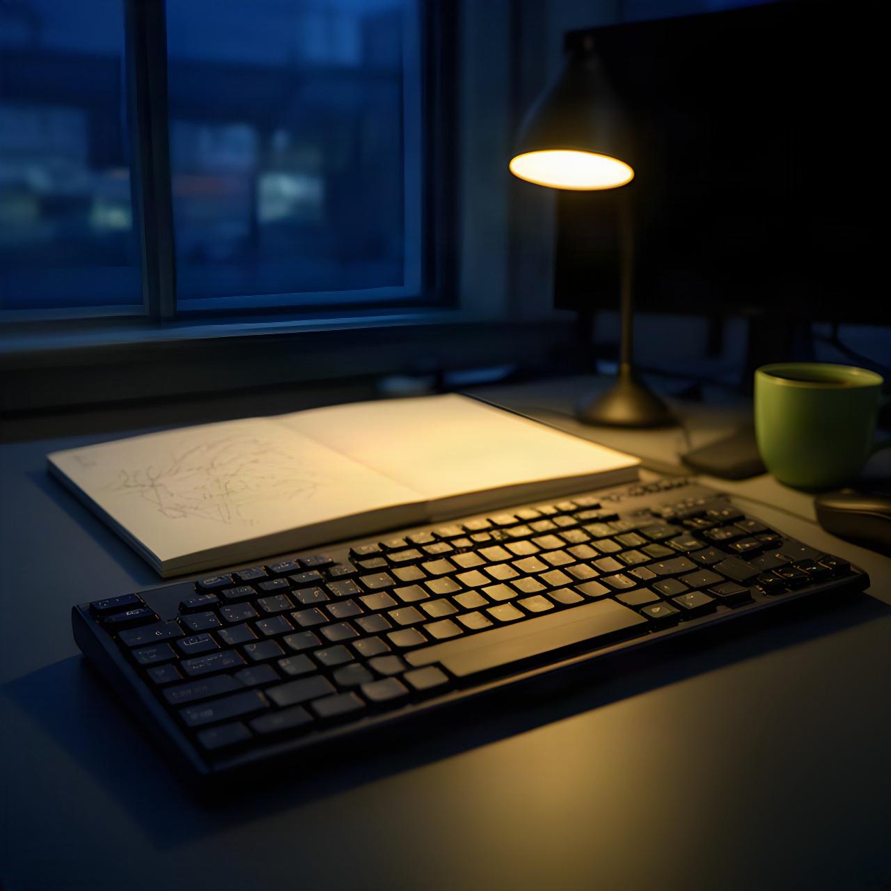 Teclado iluminado y cuaderno con apuntes junto a una ventana durante una guardia nocturna de redacción