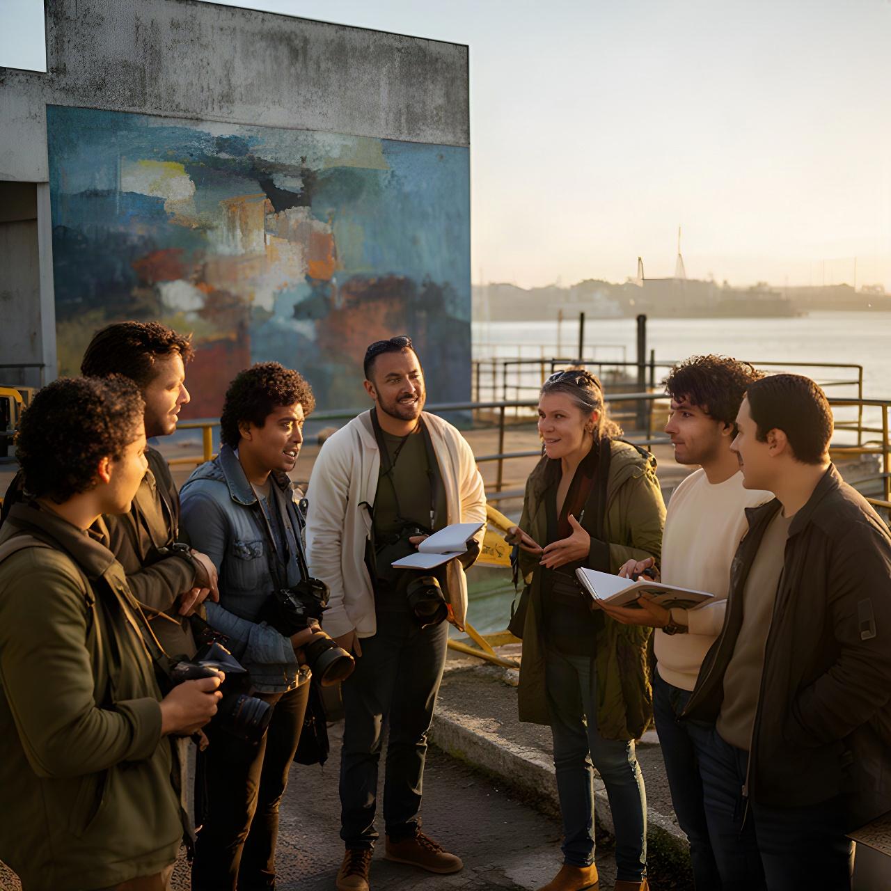 Periodistas y corresponsales conversando frente a un mural del puerto de Juan Lacaze