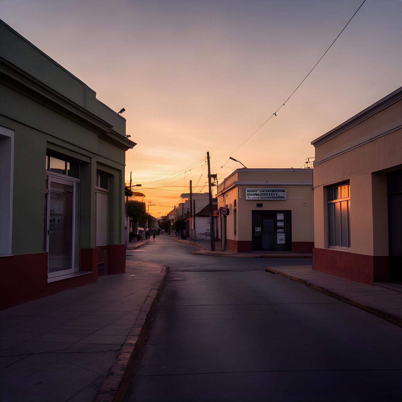 Fachada tranquila de una calle de Juan Lacaze al atardecer, cerca de la oficina de redacción