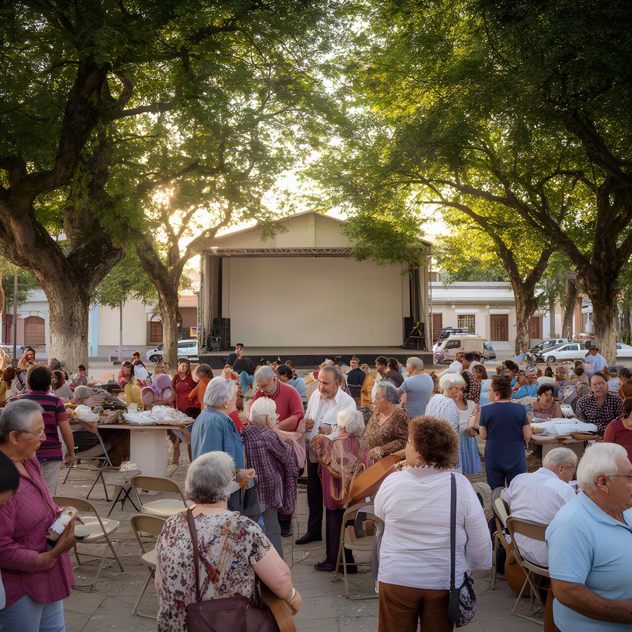 Vecinos reunidos en una actividad cultural de Juan Lacaze, con árboles y escenario en una plaza