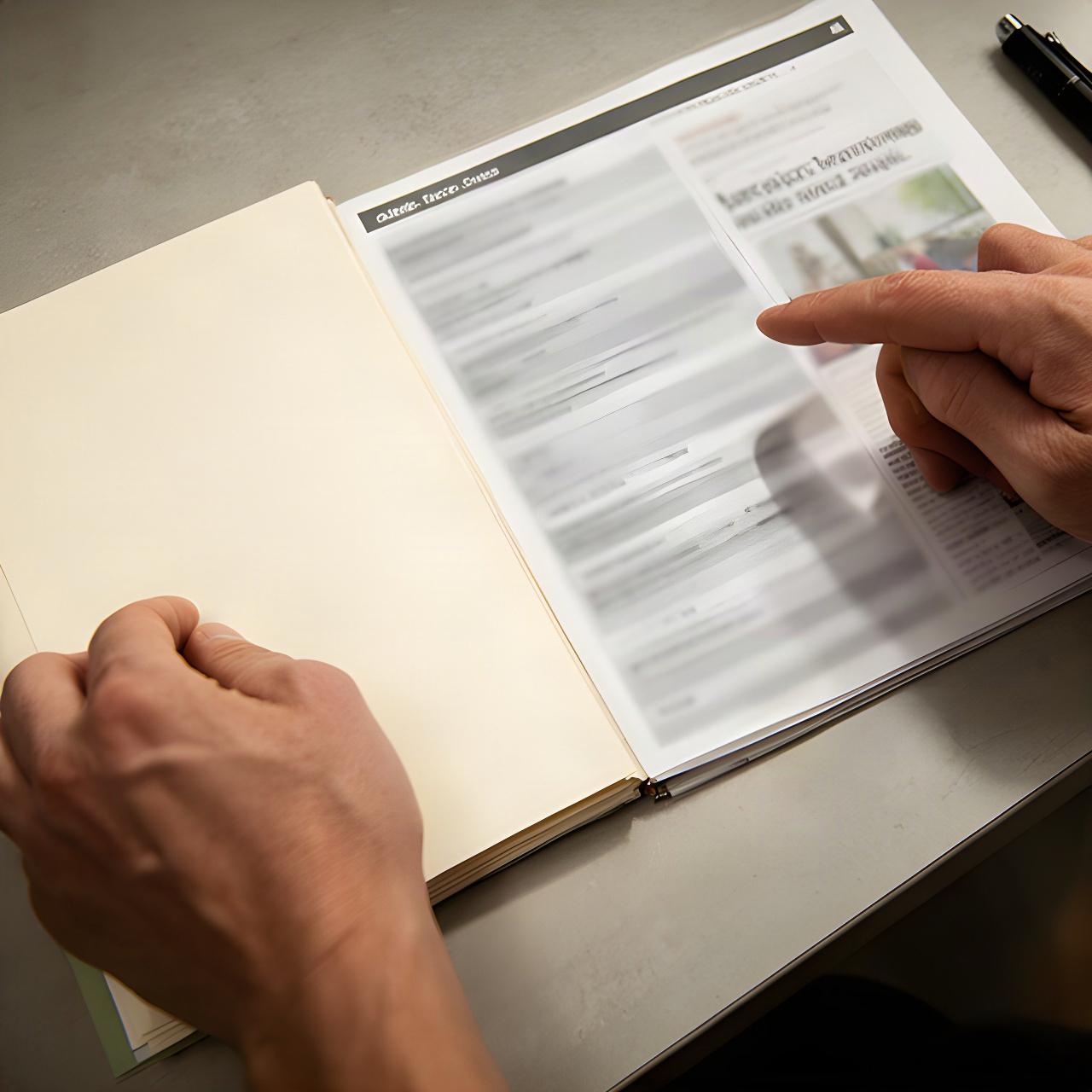 Manos comparando una libreta de fuentes con una noticia impresa sobre la comunidad local