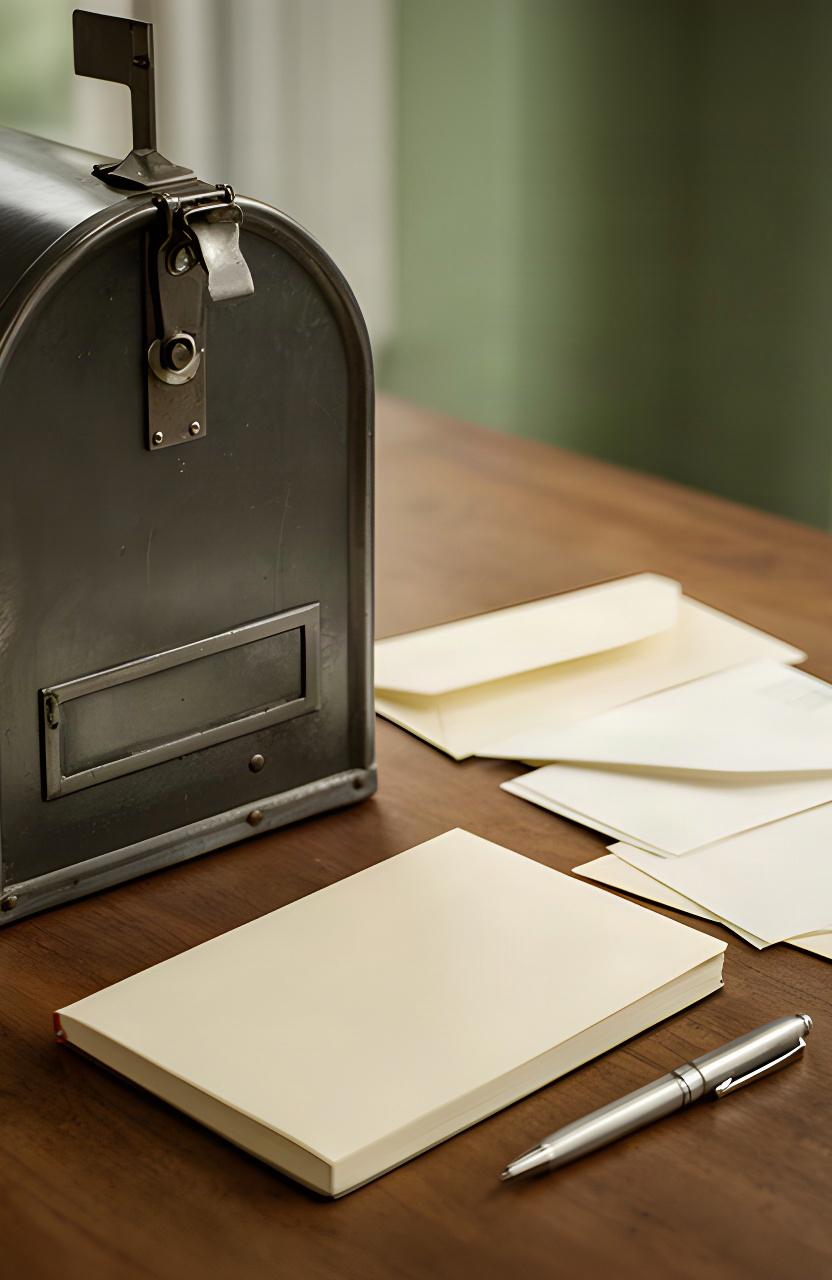 Buzón metálico junto a una mesa de redacción con cuadernos y cartas de lectores